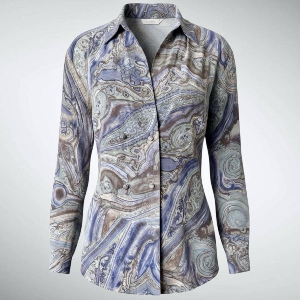 Harlan Silk Paisley Blouse Women's 10 Blue Taupe Draped Button Top